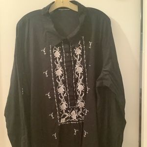Woman’s long sleev plus size black blouse top shirt embellished with embroidery